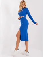 Modrý úpletový dámský komplet - krátká halenka a tužková sukně (14136) Modrý úpletový dámský komplet - krátká halenka a tužková sukně (14136)