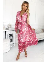 476-1 ENRICA Šaty s výstřihem a dlouhými rukávy - PINK WALES - síťovina