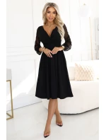 657-1 Elegantní midi šaty s obálkovým výstřihem a tylovými rukávy - černé
