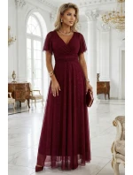 635-5 MELANIA dlouhé lesklé šaty s výstřihem a krátkými rukávy - vínové 635-5 MELANIA dlouhé lesklé šaty s výstřihem a krátkými rukávy - vínové