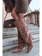 Vlněné Kozačky na Podpatku z Eko Semiš Oteplené Tmavě Béžové Mavella