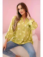 Lněná dámská halenka s květinovým vzorem, dlouhými rukávy a knoflíky kiwi