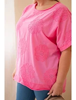 Dámská bavlněná halenka Plus size s vyšívanými květy růžová