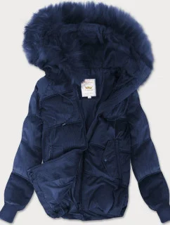 Tmavě modrá manšestrová dámská bunda s kapucí (7696)