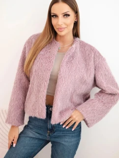 Dámská bunda s kožešinou bez zapínání tmavě růžová