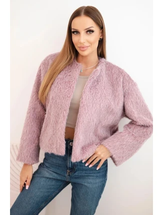 Dámská bunda s kožešinou bez zapínání tmavě růžová