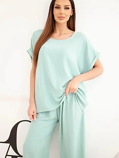 Dámský komplet Plus Size halenka a kalhoty se širokými nohavicemi tmavě mentolová