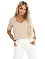 665-3 Dámská bavlněná halenka s výstřihem do V a krátkými rukávy - béžová