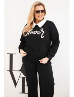 Dámská souprava máslíčko Plus Size s širokými nohavicemi a límečkem černý Dámská souprava máslíčko Plus Size s širokými nohavicemi a límečkem černý