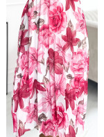 Plisované midi šaty s knoflíky a dlouhým rukávem Numoco CARLA - bílé s růžovými květy