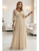 655-4 Dlouhé lehké třpytivé šaty s výstřihem a průhlednými rukávy - šampaňsko-béžová barva