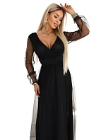 664-3 Dlouhé maxi šaty s tylovými rukávy a obálkovým výstřihem - černé