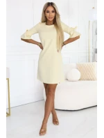 217-12 NEVA Dámské trapézové šaty s vázáním na rukávech - pastelově žluté 217-12 NEVA Dámské trapézové šaty s vázáním na rukávech - pastelově žluté