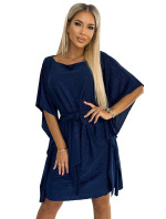 SOFIA - Tmavě modré dámské motýlkové šaty s brokátem a se zavazováním v pase 287-25
