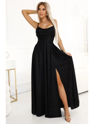 589-1 Dlouhé šaty s jemným třpytem a korzetovým zavazováním na zádech - ČERNÉ se třpytkami