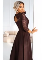 309-14 AMBER elegantní dlouhé krajkové šaty s výstřihem - čokoládové