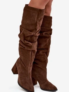 Dámské zateplené kozačky na podpatku s mačkanou holení Zazoo – hnědé, pravý semiš