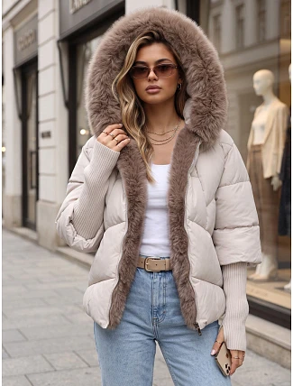 Dámská zimní prošívaná bunda s kožešinou, šedá, FashionStreet TY5986