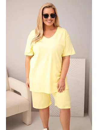 Dámský bavlněný komplet Plus Size s halenkou a šortkami žlutý Dámský bavlněný komplet Plus Size s halenkou a šortkami žlutý