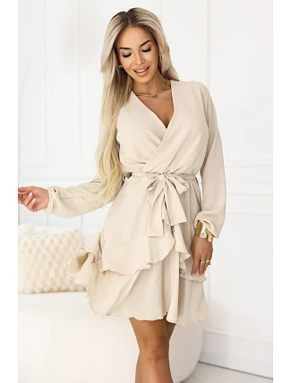 671-1 Smyslné mini šaty s obálkovým výstřihem - béžové