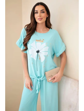 Dámský viskózový komplet s halenkou s potiskem a kalhotami mátový