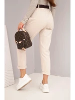Dámské bavlněné kalhoty s páskem a ohrnutím nohavic béžové