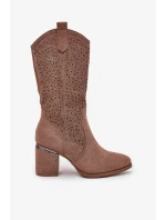 Dámské perforované kozačky do poloviny lýtka ve stylu kovbojek S.Barski – hnědé, eko kůže