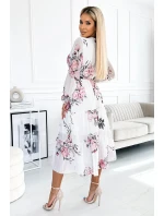 436-2 VALENTINA Midi šaty s výstřihem a páskem - BÍLÉ S RŮŽEMI