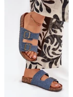 Dámské pantofle na korkové platformě s přezkami – tmavý denim