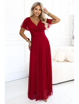 635-10 MELANIA – dlouhé lesklé svatební šaty s výstřihem a krátkými rukávy – světle vínová 635-10 MELANIA – dlouhé lesklé svatební šaty s výstřihem a krátkými rukávy – světle vínová