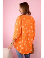 Lněná dámská halenka s květinovým vzorem, dlouhými rukávy a knoflíky Oranžová