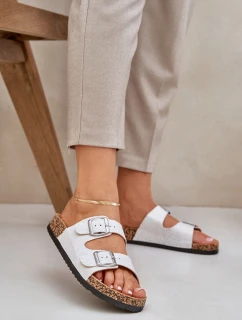 Materiálové pantofle na korkové podrážce s přezkami světle šedé Atera