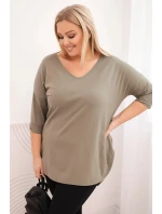 Dámská bavlněná blůza Plus Size s výstřihem do V a ohrnovacími rukávy khaki