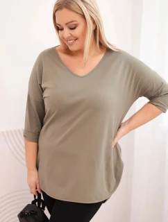 Dámská bavlněná blůza Plus Size s výstřihem do V a ohrnovacími rukávy khaki