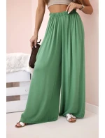 Široké dámské viskózové kalhoty s elastickým pasem zelené