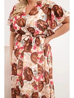 Dámské šaty Plus Size v květinovém vzoru s vázáním hnědá