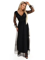 664-3 Dlouhé maxi šaty s tylovými rukávy a obálkovým výstřihem - černé