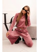 Dámská souprava z veluru se širokými nohavicemi a kapucí tmavě růžová