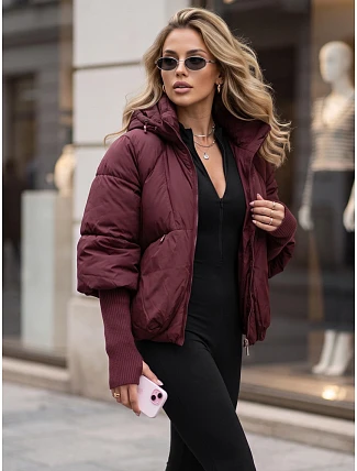 Dámská zimní prošívaná bunda s kapucí TY5898 vínová - FashionStreet