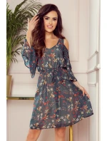 292-2 MARINA vzdušné šaty s výstřihem - ZELENÉ S KVĚTINAMI