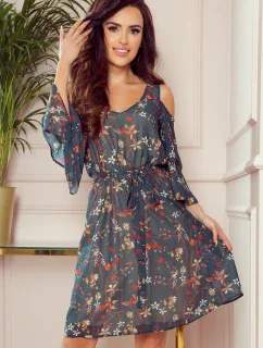 292-2 MARINA vzdušné šaty s výstřihem - ZELENÉ S KVĚTINAMI