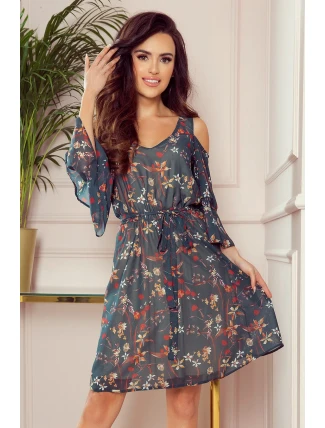 292-2 MARINA vzdušné šaty s výstřihem - ZELENÉ S KVĚTINAMI