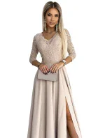 309-10 AMBER krajkové elegantní dlouhé šaty s výstřihem a rozparkem na nohou - BEACH