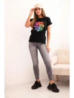 Dámská bavlněná blůza s krátkým rukávem a barevným potiskem černá
