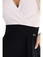 451-3 Třpytivé šaty s krátkými rukávy, výstřihem a rozparkem na nohou - černé a béžové s třpytkami