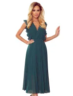 EMILY - Plisované dámské šaty v lahvově zelené barvě s volánky a výstřihem 315-1