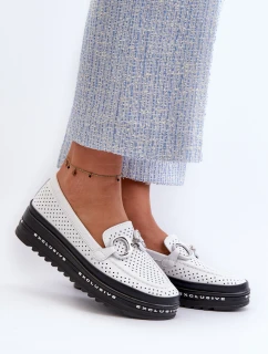 [Dámské kožené mokasíny na platformě s ozdobou S.Barski LR750 bílé]
