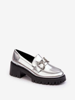 Dámské kožené polobotky na masivním podpatku stříbrné Lemmitty