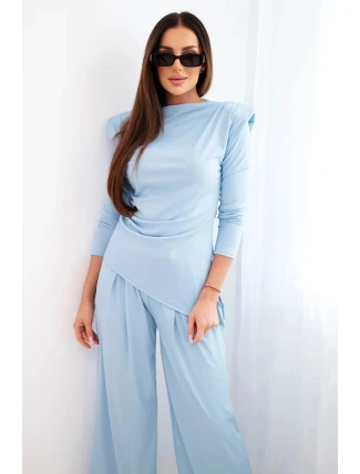 Dámský bavlněný komplet s halenou a kalhotami s širokými nohavicemi modrý