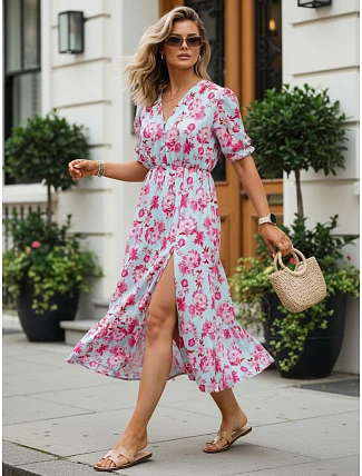 Dámské midi šaty s květinovým vzorem modré FashionStreet EY2659 Dámské midi šaty s květinovým vzorem modré FashionStreet EY2659
